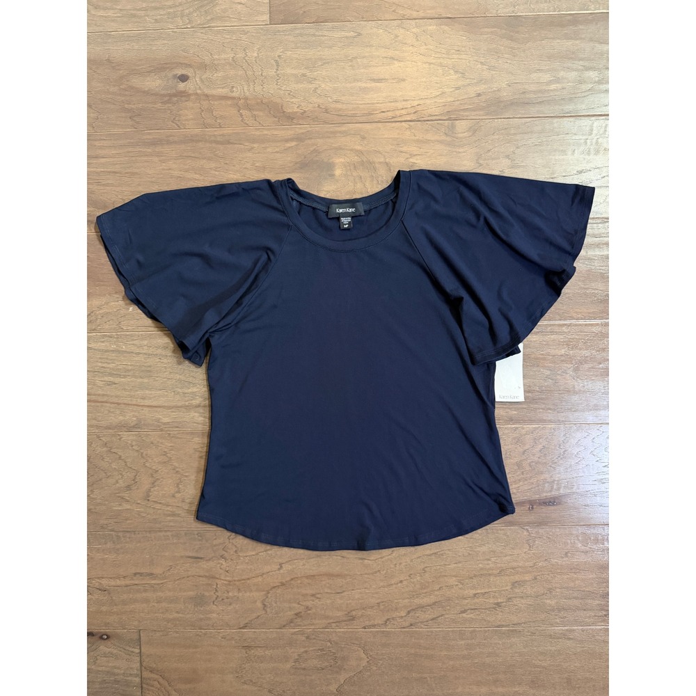 NWT Karen Kane Navy Blue Flutter Sleeve Rayon Stretch Top MP Made in USA - Picture 1 of 6
